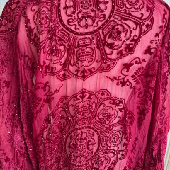 VINTAGE ROSE Stevie Nicks style Sheer Red Burnout Velvet Beaded KimonoCoat - Picture 8 of 9